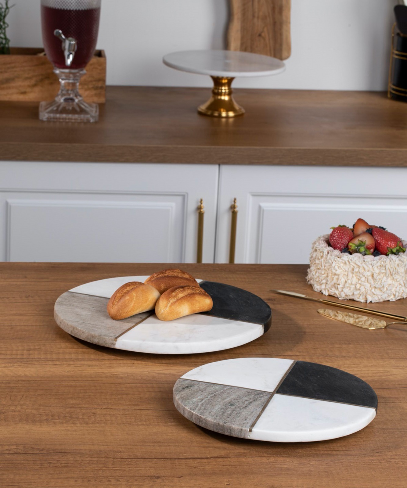 Cornella Marble World Çift Renk 2'li Yuvarlak Mermer Sunumluk Seti 25 Cm Ve 30 Cm görsel 2