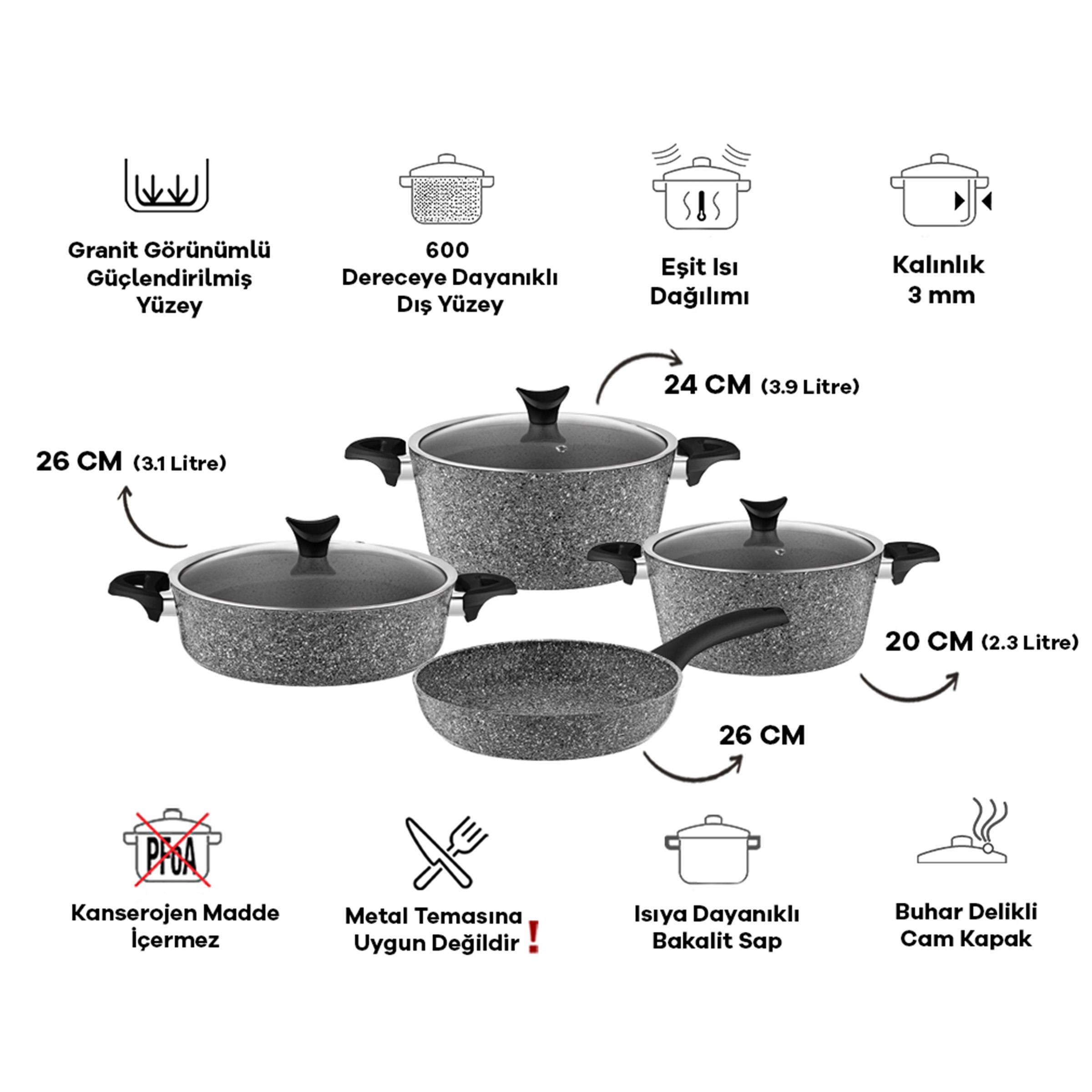 Taç Master Cook 4'lü 7 Parça Granit Tencere Seti Gri görsel 7