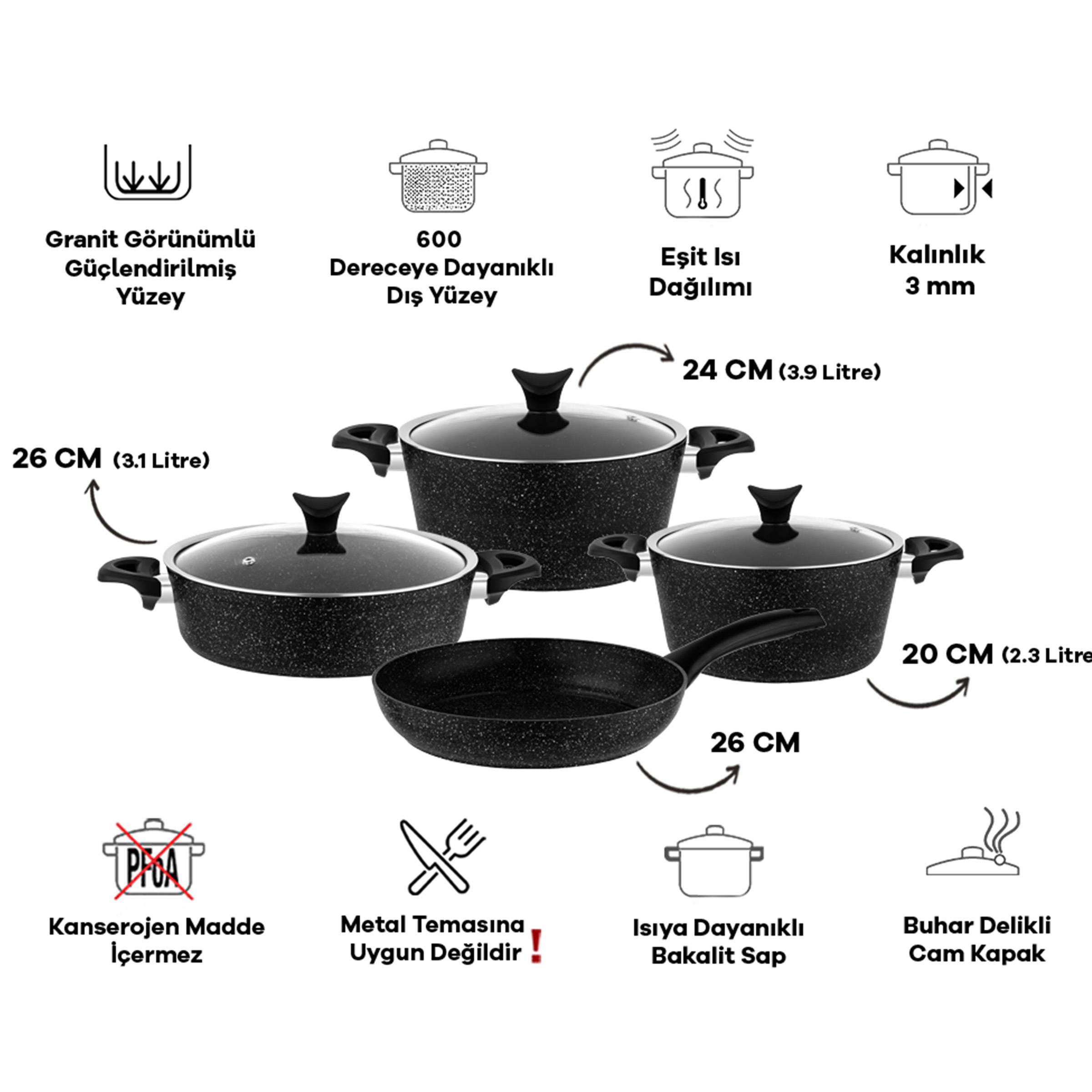 Taç Master Cook 4'lü 7 Parça Granit Tencere Seti Siyah görsel 8