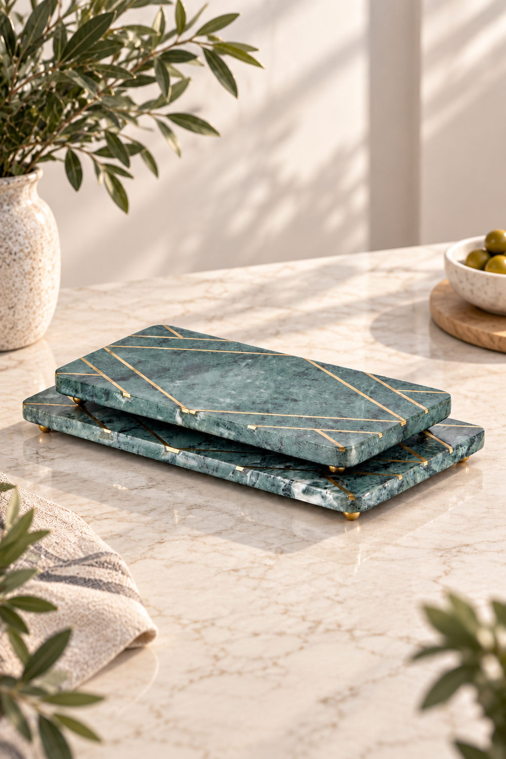 Cornella Marble World Yeşil Renk 2 Li D Dörtgen Mermer Sunumluk Seti 30 Cm Ve 35 Cm görsel 3