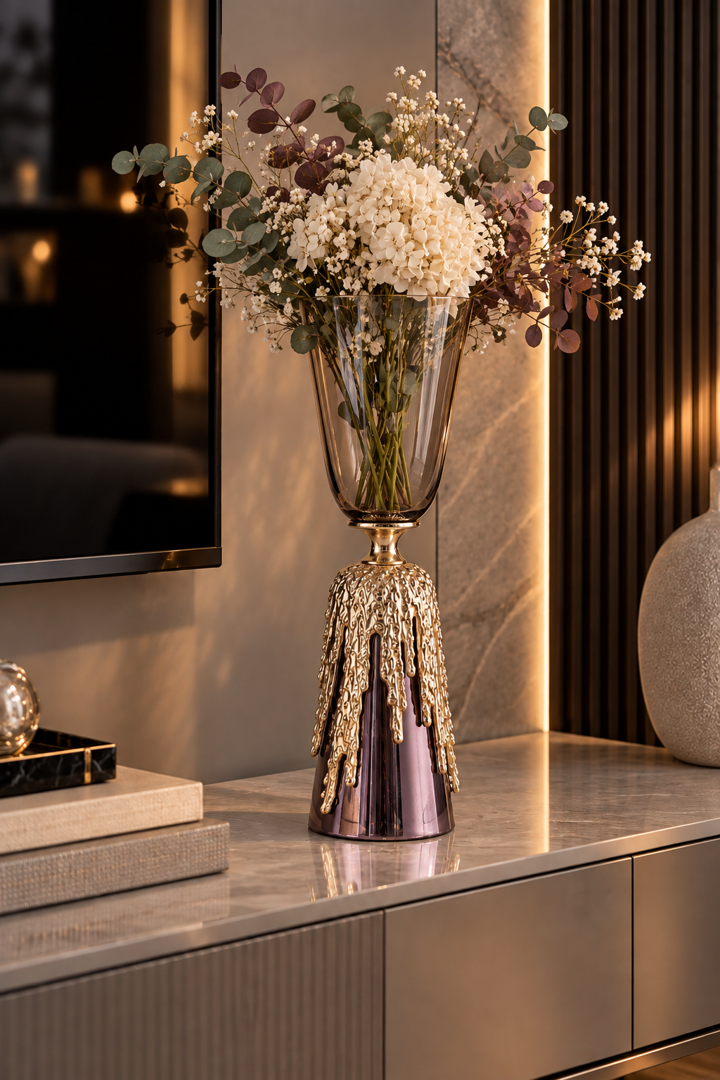 Cornella Elegant 55 Cm Eskitme Renk Pirinç Ve Cam Döküm Vazo görsel 2