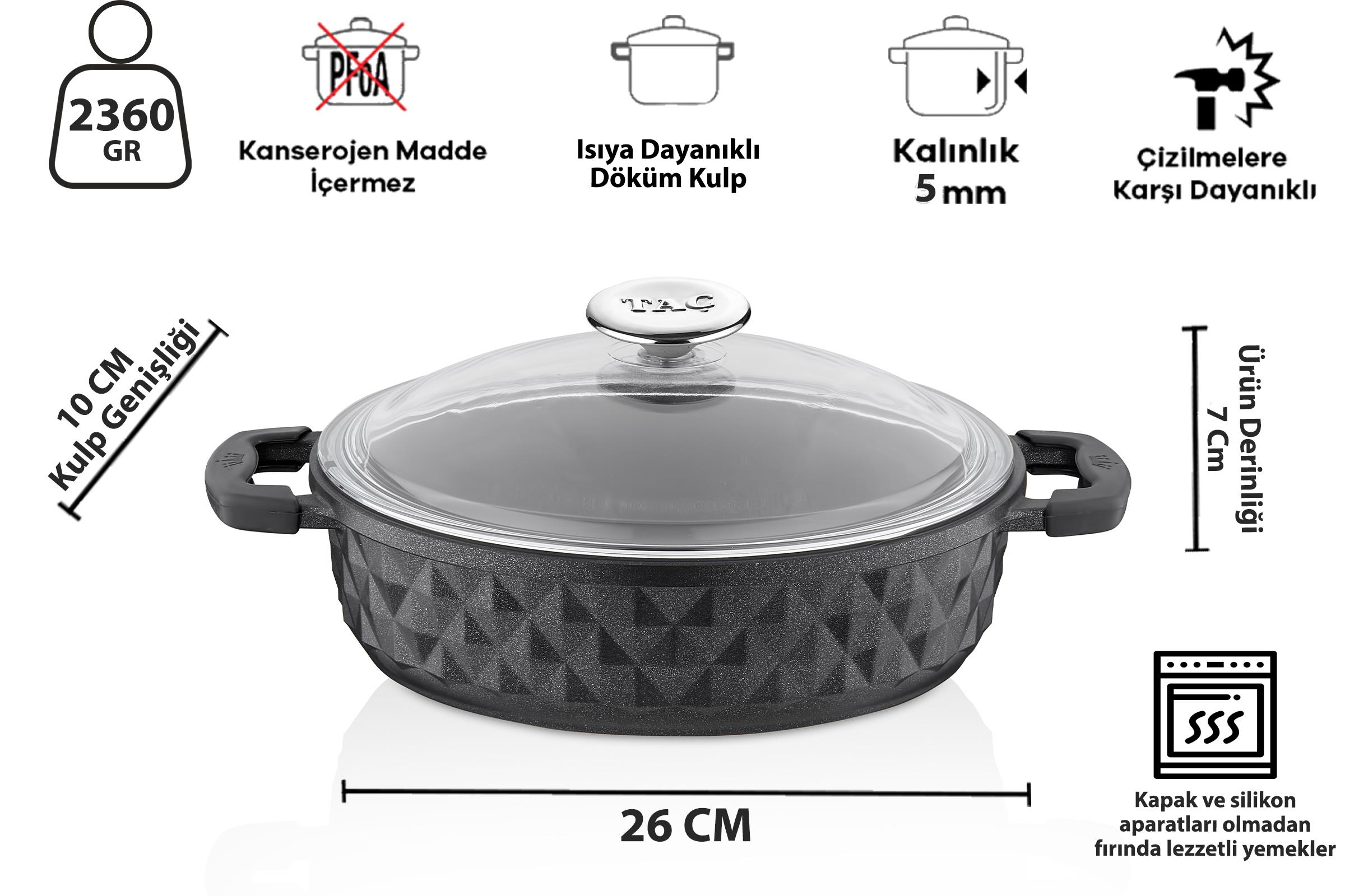 Taç Bella Cam Kapak Döküm Basık Tencere 26 Cm Siyah görsel 5