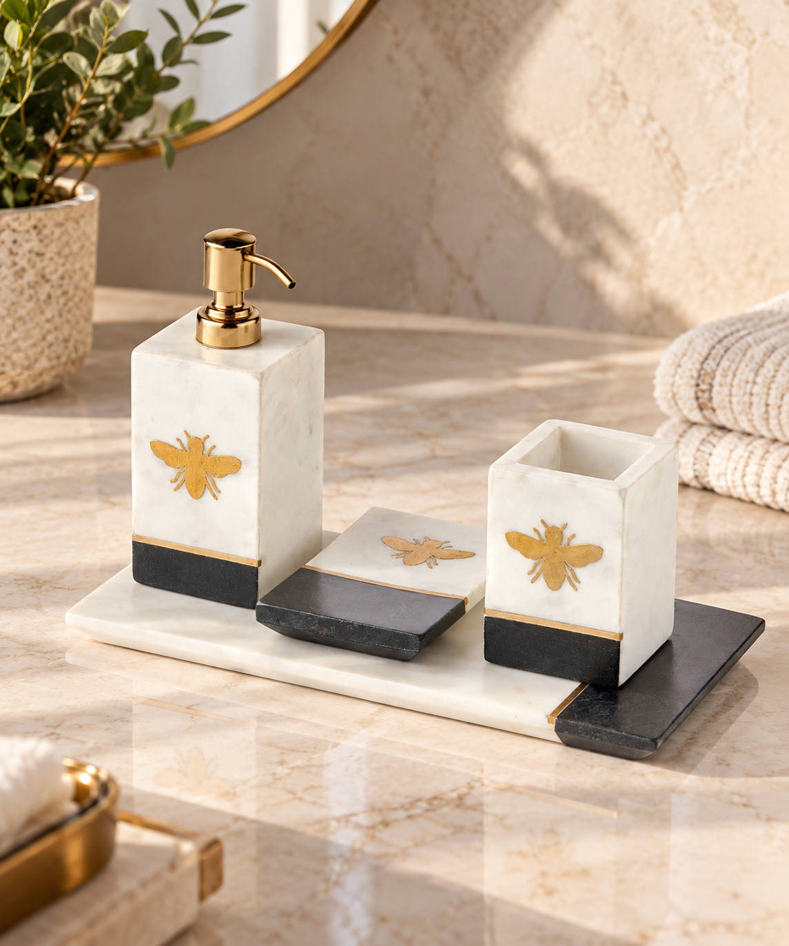 Cornella Marble World Arı Figürlü 4'lü Banyo Seti
