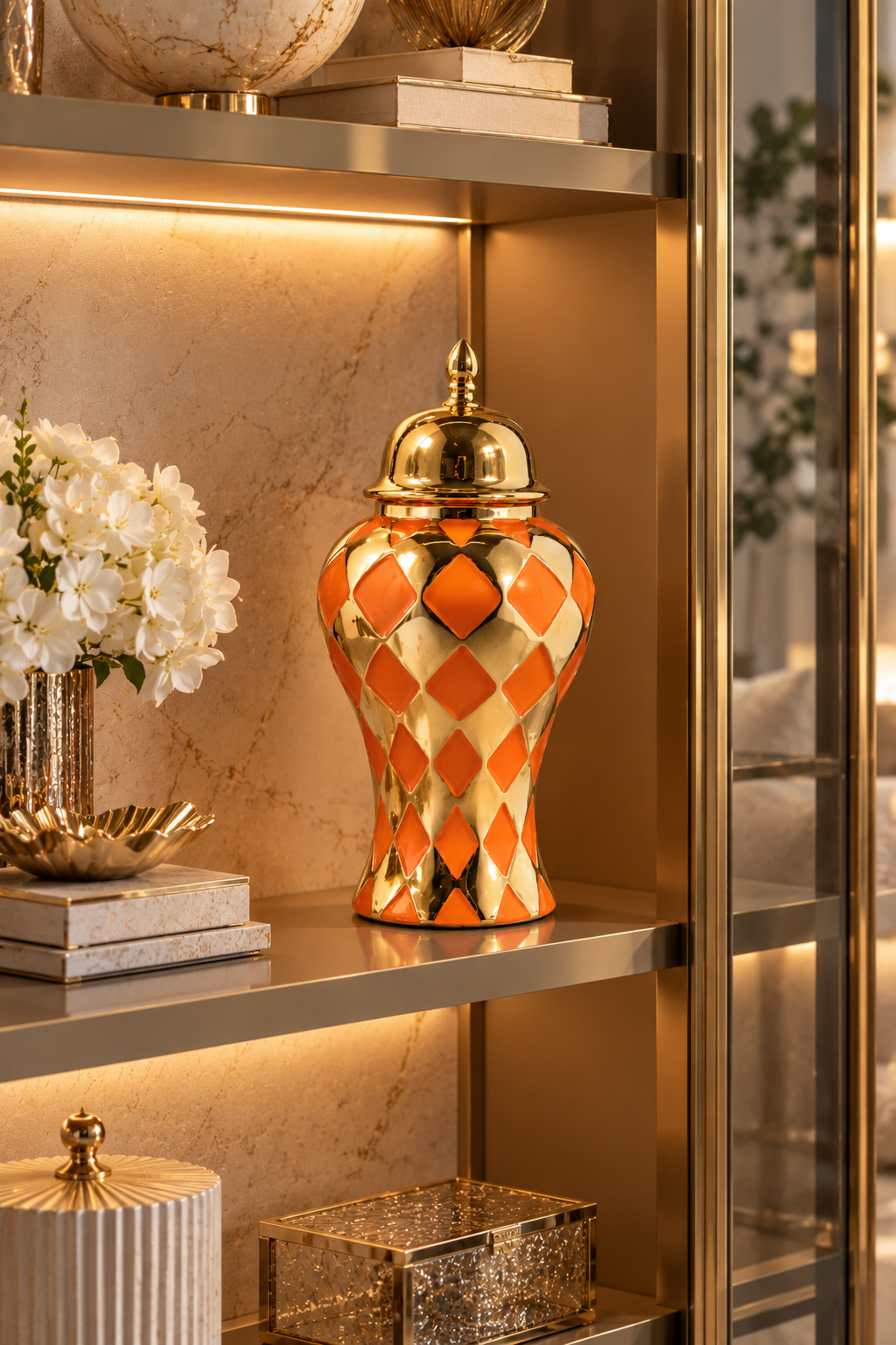 Cornella Jupiter 45 Cm Turuncu Gold Dama Desenli Seramik Vazo görsel 3