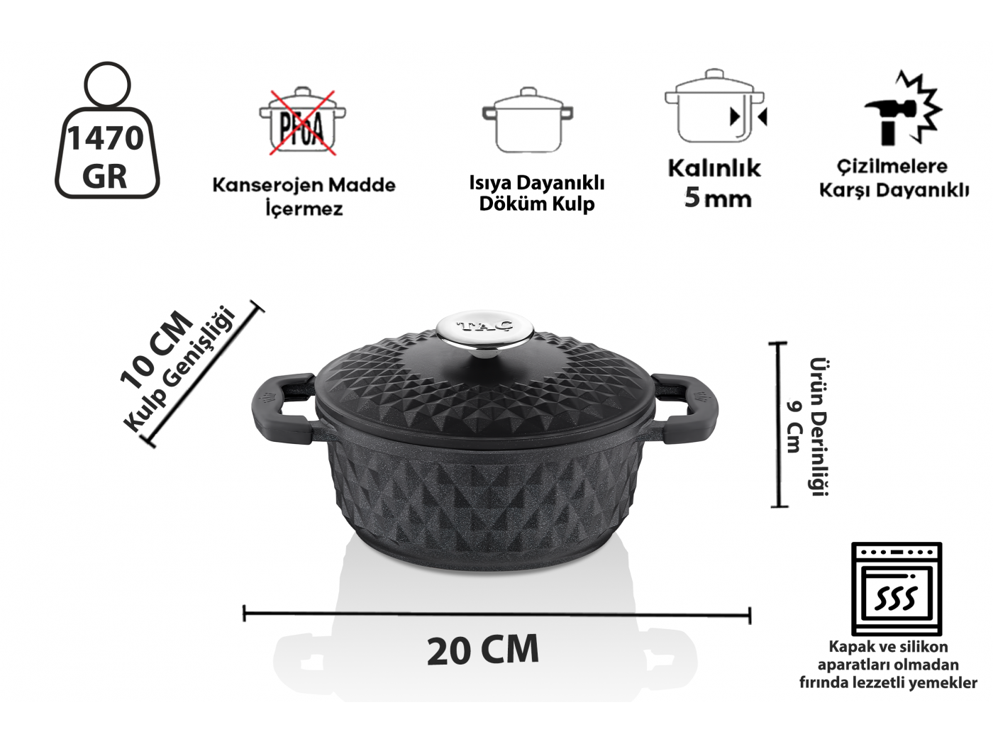 Taç Carabella İndüksiyon Tabanlı Döküm Kapak 7 Parça Tencere Seti Siyah görsel 8