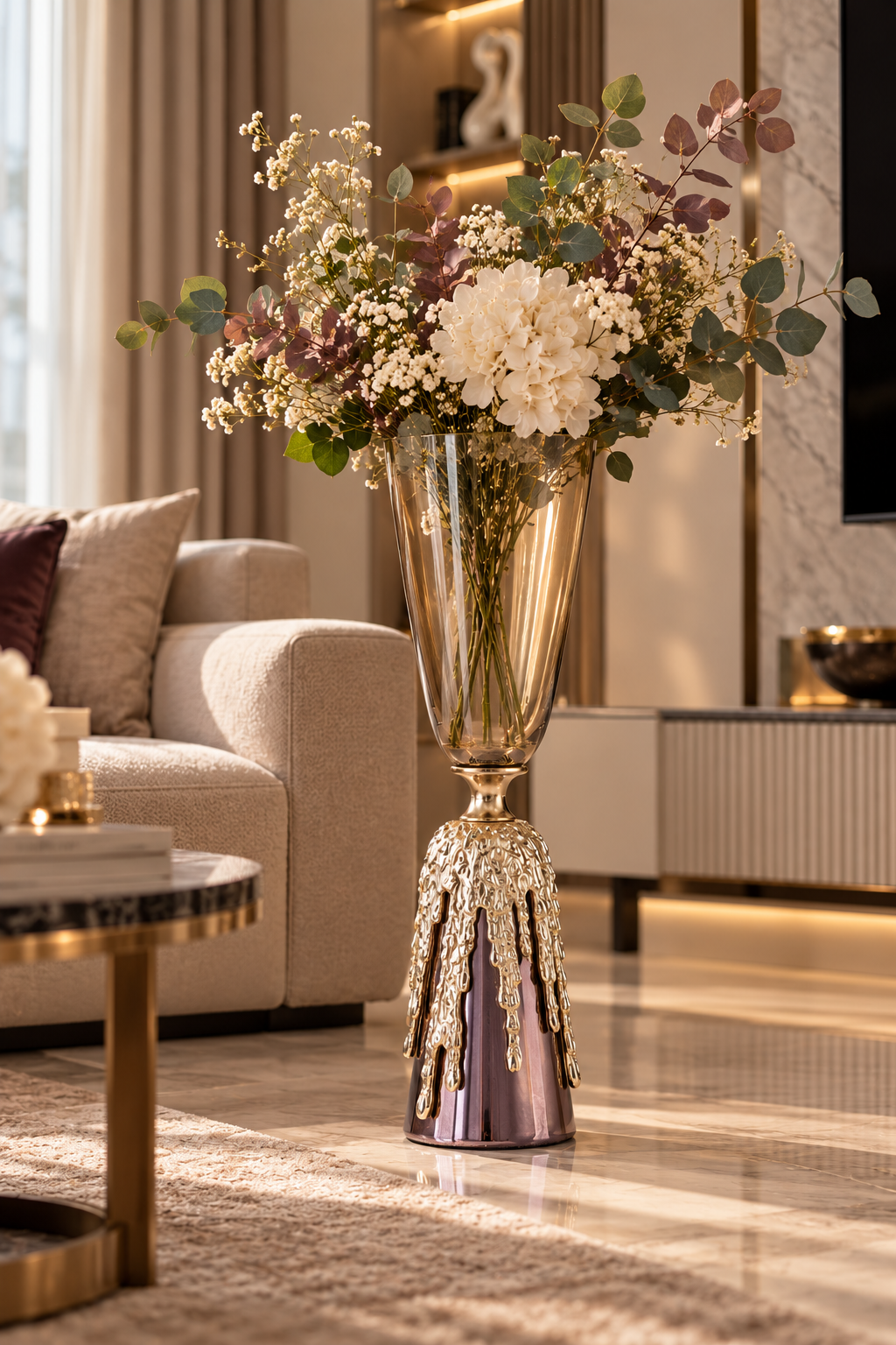 Cornella Elegant 42 Cm Eskitme Renk Pirinç Ve Cam Döküm Vazo