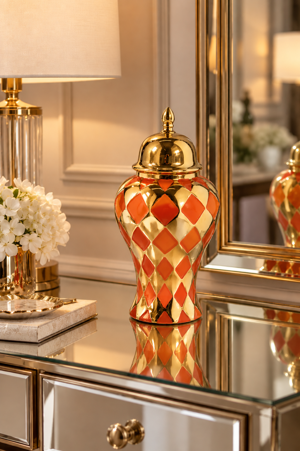 Cornella Jupiter 45 Cm Turuncu Gold Dama Desenli Seramik Vazo