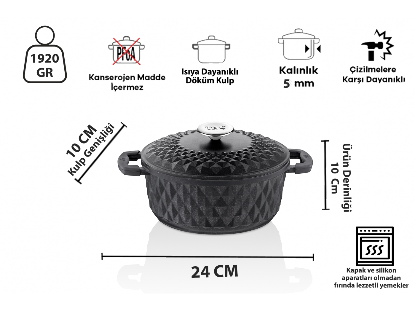Taç Carabella İndüksiyon Tabanlı Döküm Kapak 7 Parça Tencere Seti Siyah görsel 9